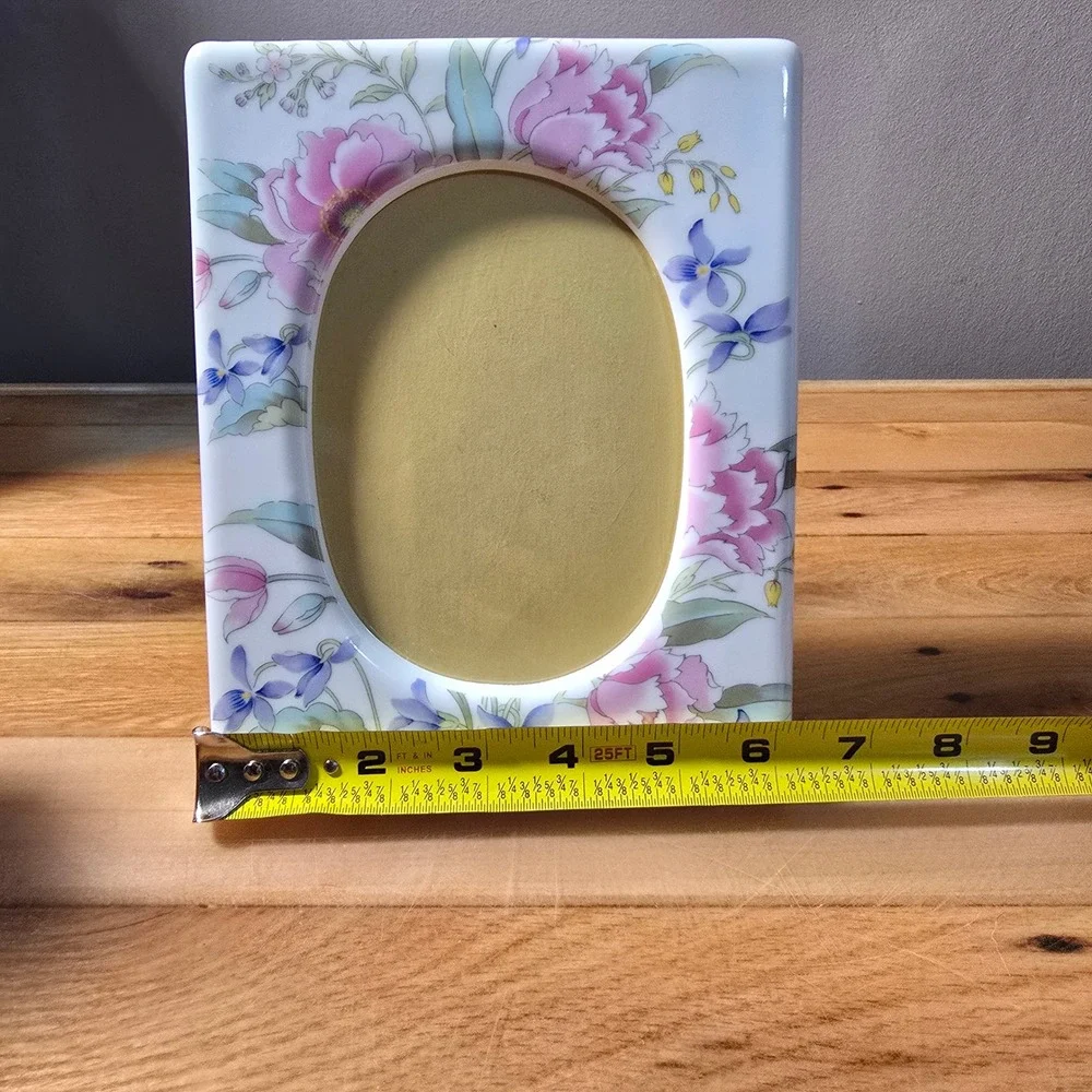 Vintage Ceramic Floral Oval Picture Frame Japan Pink Peony Purple Violet MCM